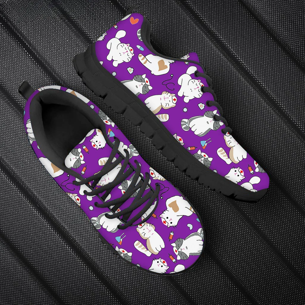 Women'S Shoes Nursing - Damen-Krankenschwester-Sneaker mit Cartoon-Katzen-Veterinärdruck, leichte Mesh-Flats, lässige