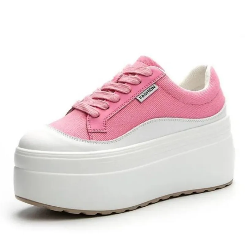Wedge Heeled Sneaker - 8cm Neue Leinwand Echtes Leder Frauen