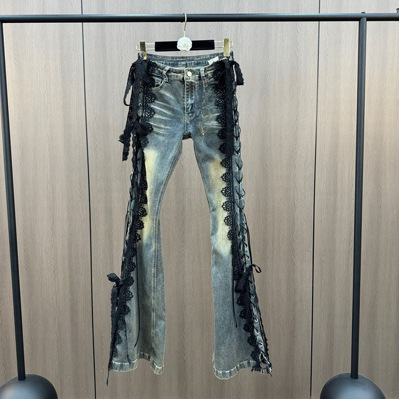Women Shoes Jeans - Lace Up Flare Jeans Retro Stich