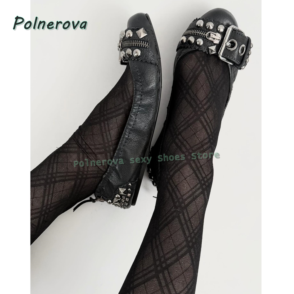 Women Shoes Size - Nieten-Gürtelschnallen Mary Jane Schuhe Spitze Flache