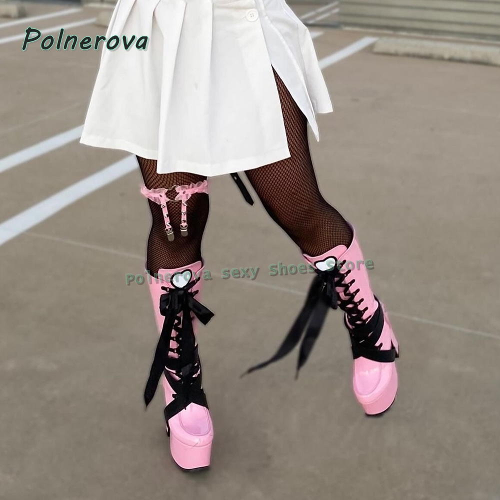 Wedge Heeled Sneaker - Damen Rosa Plateau-Kniehohe Stiefel mit Rundzehe,