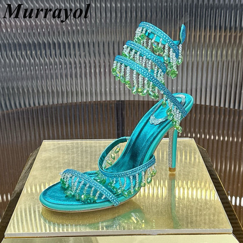 Rhinestone Sandal Women - Damen-Sandalen mit Schlangenförmigem Knöchelriemen, Sommer-Quasten, Strass-Dekor,