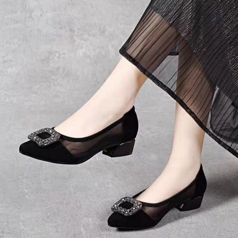 Women Shoes Size - Elegante Spitze Mesh-Pumps mit Blockabsatz, Strass-Quadratschnalle