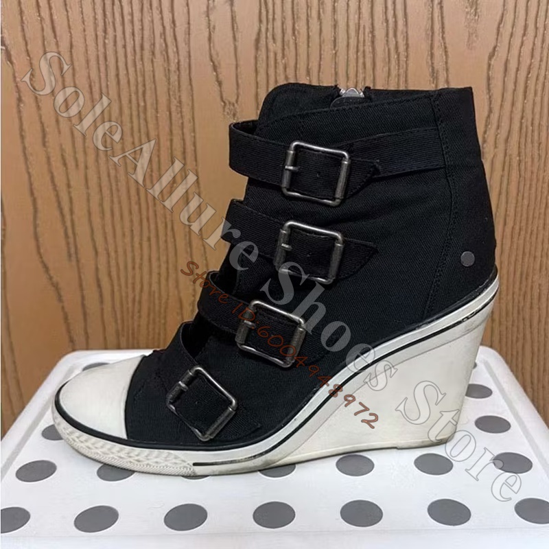 Wedge Heeled Sneaker - Graue High-Top-Keilabsatz-Sneaker mit mehreren Schnallen, Vintage-Stil,